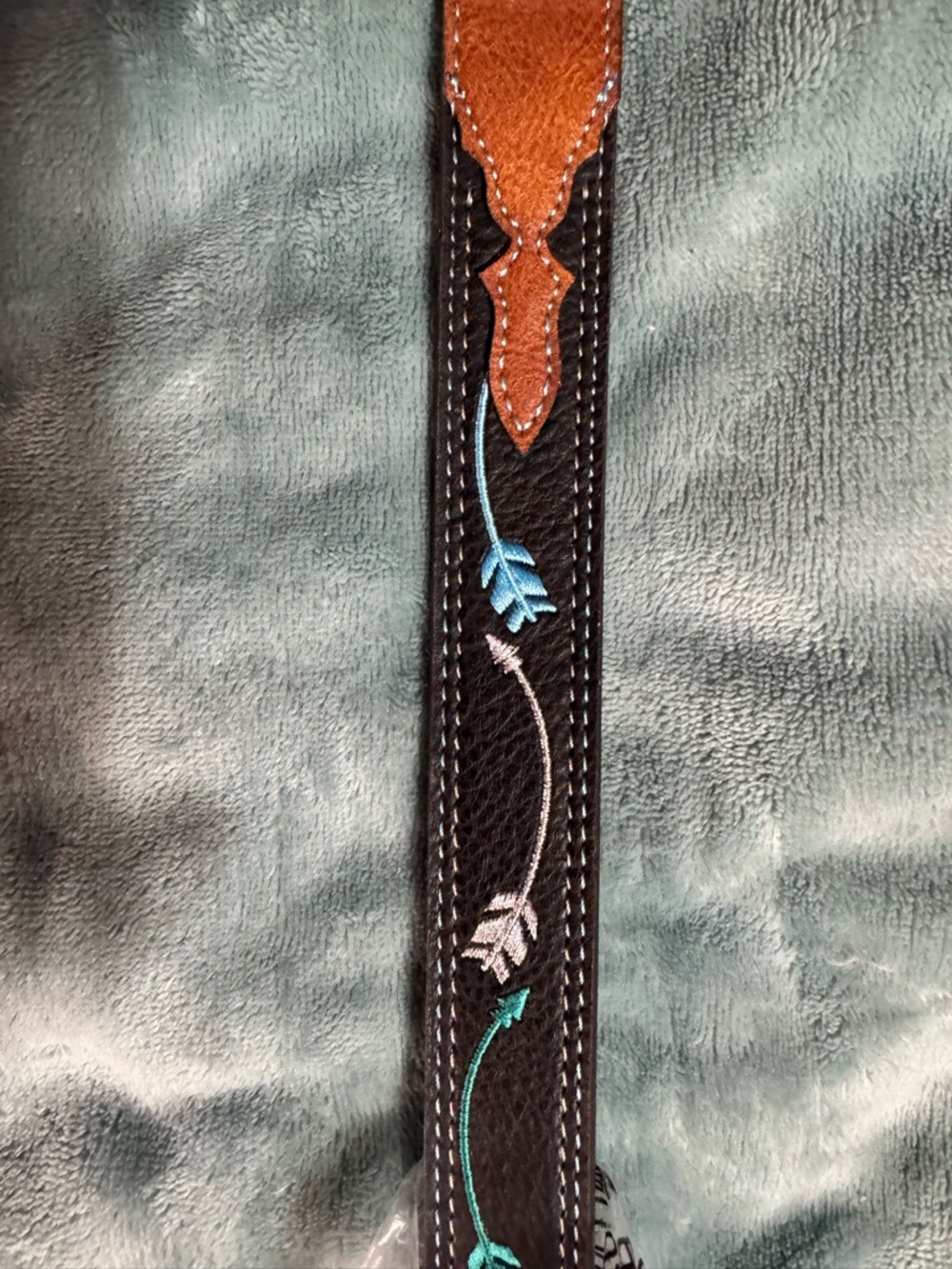Kids Black Leather Belt with Teal & Light Blue Arrow Embroidery
